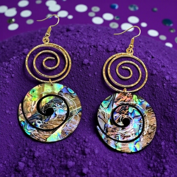 🆕️14K Gold Plated Spiral Abalone Shell Earrings | Lightweight Statement Dangles - Picture 6 of 9